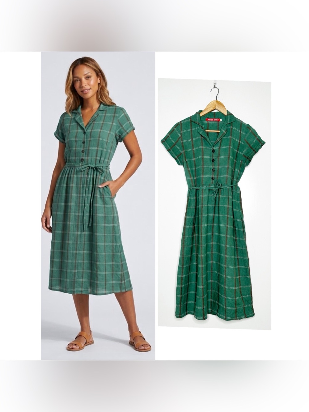 Pyne & Smith 100% Linen Plaid Shirt Dress Green XS European Flax